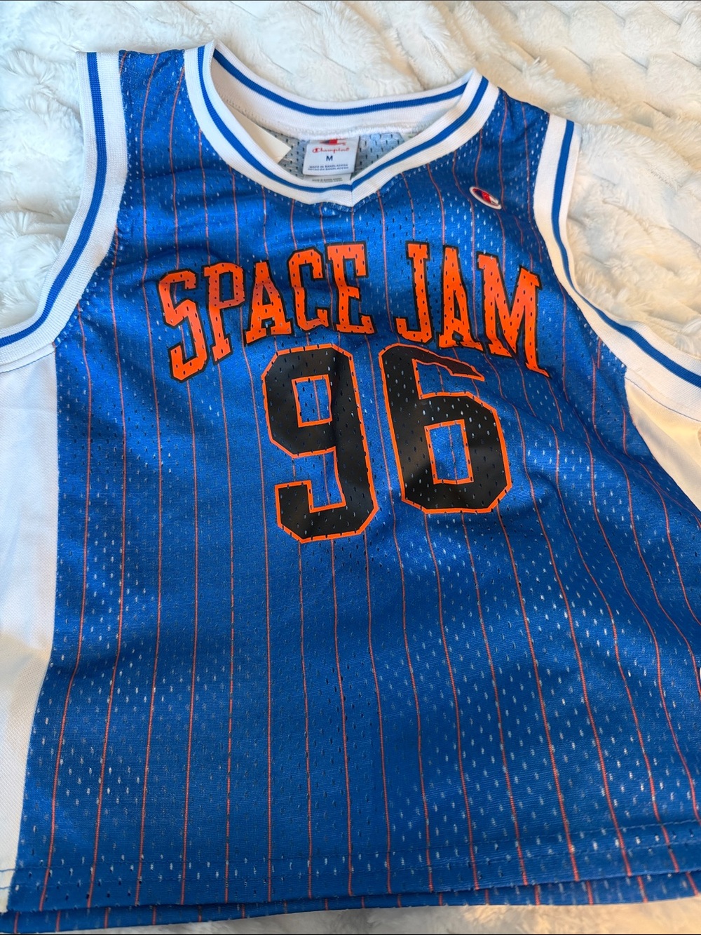 Champion Blue Space Jam '96 Basketball Jersey with Orange Accents